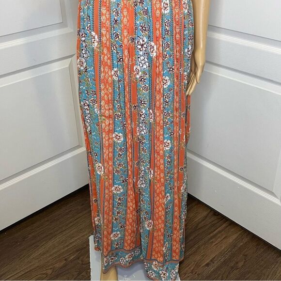 NWT Angie Boho Knot Front Floral Printed Maxi Dress Blue Orange Size Medium - Picture 4 of 14